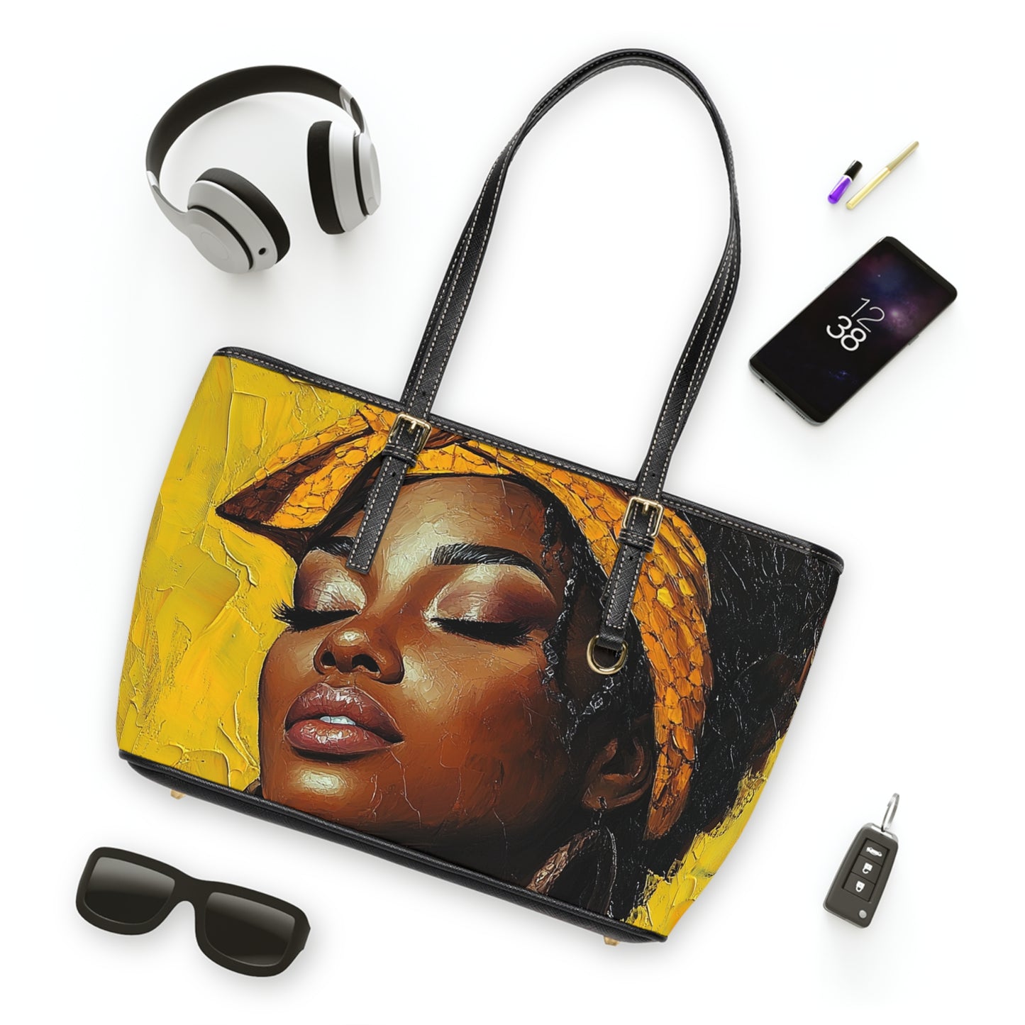 Artistic PU Leather Shoulder Bag - Vibrant Yellow Design