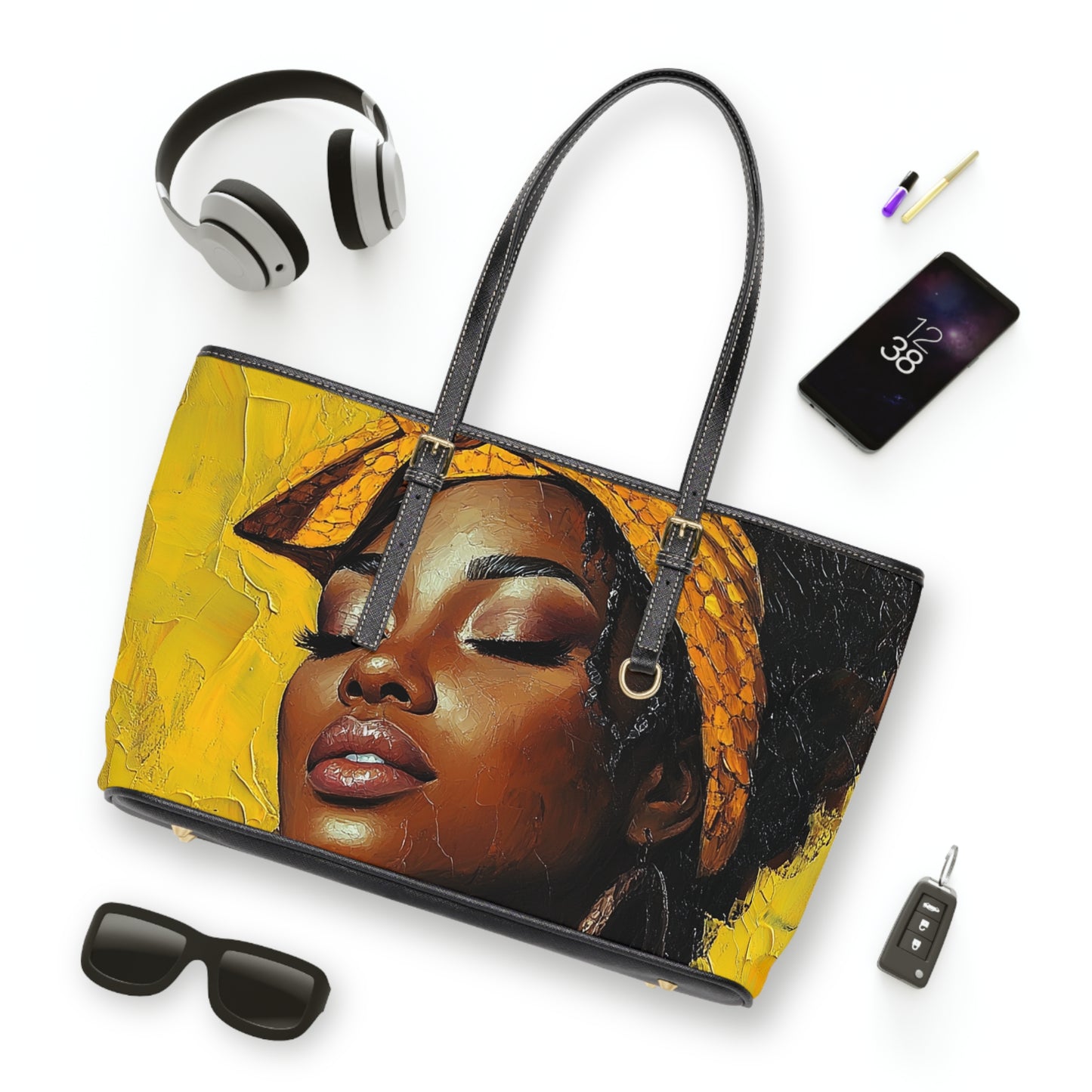 Artistic PU Leather Shoulder Bag - Vibrant Yellow Design