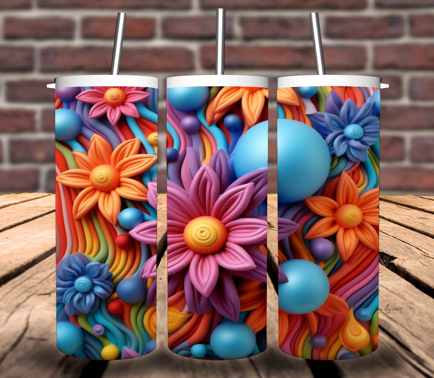 3D Colorful Tumbler Wrap (Flowers) - Bundle of 5 wraps + 5 BONUS Files