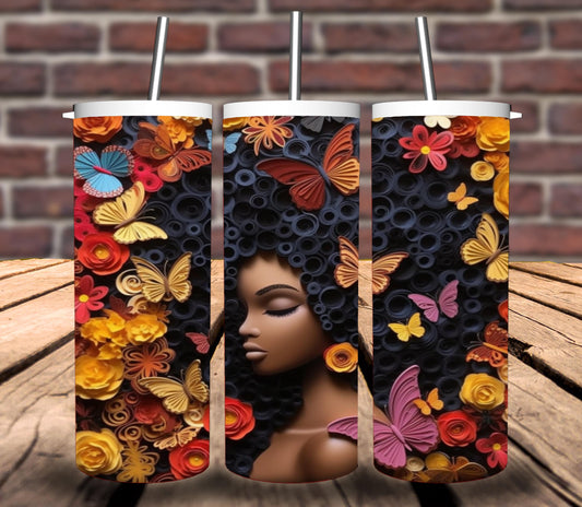 3D Beautiful Woman with Colorful Flowers and Butterflies Tumbler Wrap for 20 oz Tumblers (Straight)